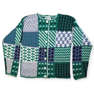 Patchwork Cardigan Knitted Sweater Women's S Green/Blue/White Button Up Vintage